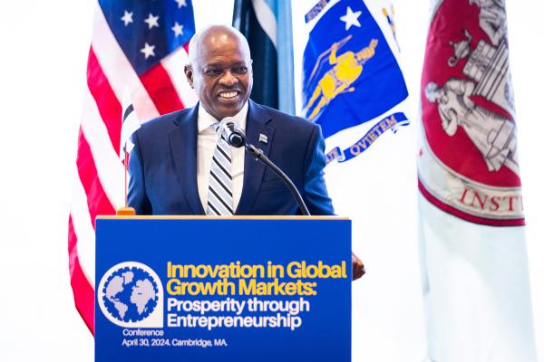 President Mokgweetsi Masisi of Botswana delivering a keynote speech at a conference, “Innovation in Global Growth Markets: Prosperity Through Entrepreneurship,” hosted by the Legatum Center for Development and Entrepreneurship at MIT on April 30. 