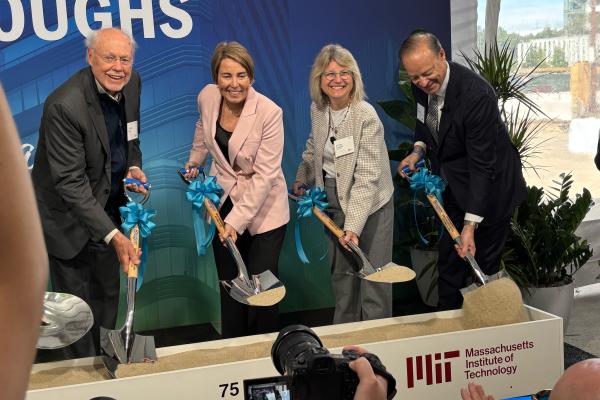 Pictured (left to right): Institute Professor and Biogen co-founder Phillip A. Sharp; Governor Maura Healey; MIT President Sally Kornbluth; and Biogen CEO Chris Viehbacher.