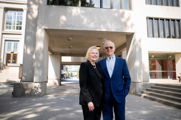Christine and L. Rafael Reif stand at entrance to the newly named L. Rafael Reif Innovation Corridor.