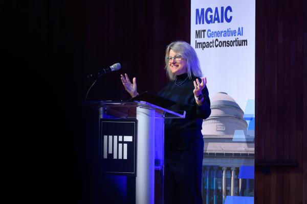 MIT President Sally Kornbluth said that the world is counting on faculty, researchers, and business leaders like those in MGAIC to tackle the technological and ethical challenges of generative AI as the technology advances.