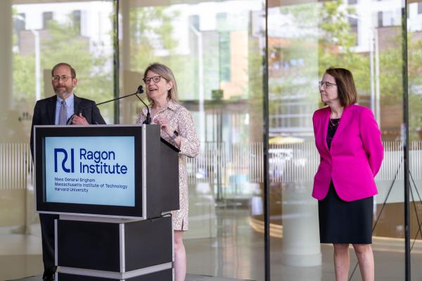 MIT President Sally Kornbluth speaks at the opening ceremony of the Ragon Institute’s new headquarters in Cambridge’s Kendall Square.