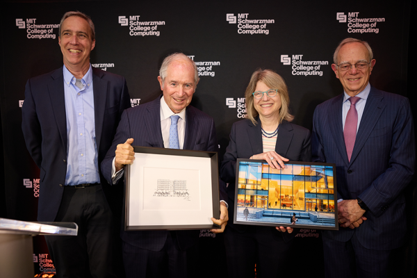 Left to right: Dan Huttenlocher, dean of the MIT Schwarzman College of Computing; Stephen A. Schwarzman, chair, CEO, and co-founder of Blackstone; MIT President Sally Kornbluth; and MIT President Emeritus L. Rafael Reif pose at the dedication ceremony for the new college building. 