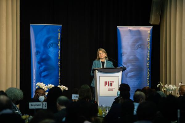 At the podium, President Kornbluth delivers remarks to attendees at MIT's 49th Annual Dr. Martin Luther King, Jr. Celebration.