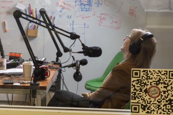 Danny Braunsteinn (left), senior lecturer and director of the Pappalardo Lab, shares a laugh with President Kornbluth during an interview for his podcast, Lock the Quill.