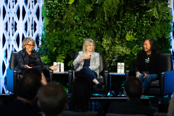 President Kornbluth sits on stage between Katie Rae (left) and Yvonne Hao (right) at The Engine's Tough Tech Summit.